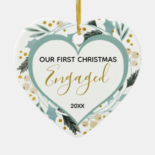 Eerste Kerstmis Engagement Couple Photo Gold Heart Keramisch Ornament