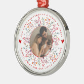 Eerste Kerstmis familie van drie bessen border fot Metalen Ornament (Links)