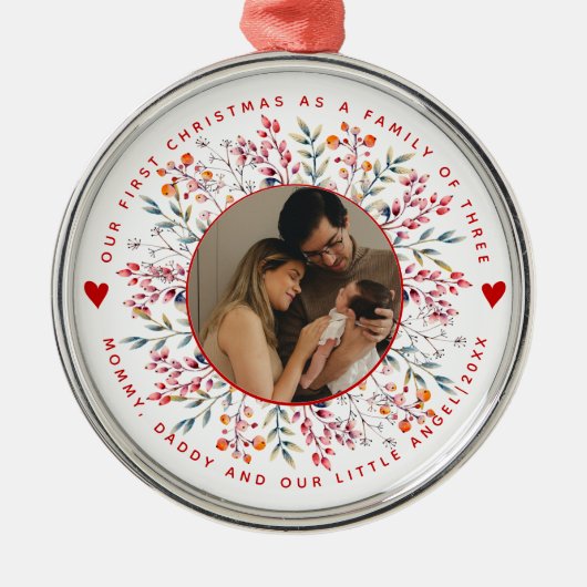 Eerste Kerstmis familie van drie bessen border fot Metalen Ornament (Voorkant)