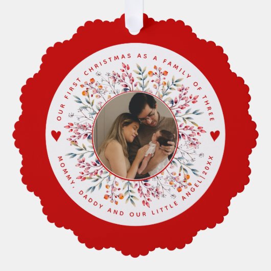 Eerste Kerstmis familie van drie bessen border fot Ornament Kaart (Voorkant)