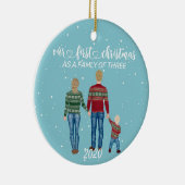 Eerste Kerstmis Familie van Drie Blond Haar Jongen Keramisch Ornament (Rechts)
