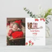 Eerste Kerstmis Familie van drie cowboylaarzen Fot Feestdagenkaart (Staand voorkant)