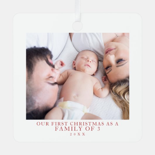 Eerste Kerstmis Familie van Drie Foto Metalen Ornament (Voorkant)