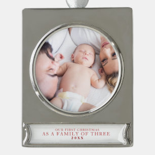 Eerste Kerstmis Familie van Drie Foto Verzilverd Banner Ornament