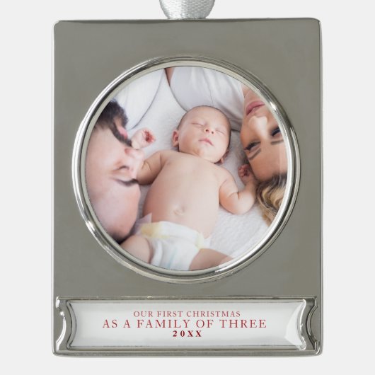 Eerste Kerstmis Familie van Drie Foto Verzilverd Banner Ornament (Voorkant)