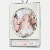 Eerste Kerstmis Familie van Drie Foto Verzilverd Banner Ornament (Links)
