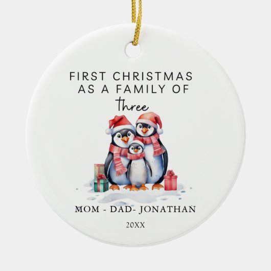 Eerste Kerstmis Familie van drie Pinguïns Keramisch Ornament (Voorkant)