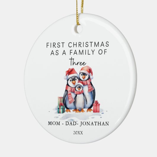 Eerste Kerstmis Familie van drie Pinguïns Keramisch Ornament (Links)
