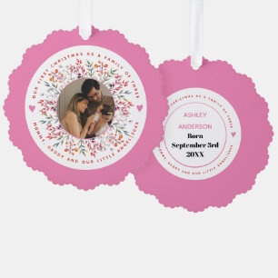 Eerste Kerstmis familie van drie roze foto Ornament Kaart