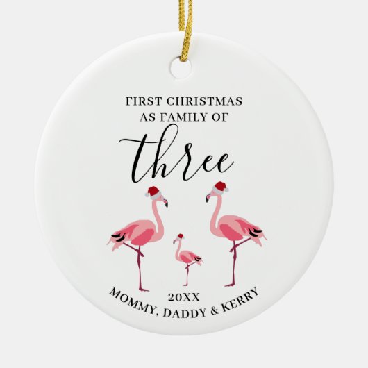 Eerste Kerstmis Familie van Drie Schattigee Flamin Keramisch Ornament (Voorkant)