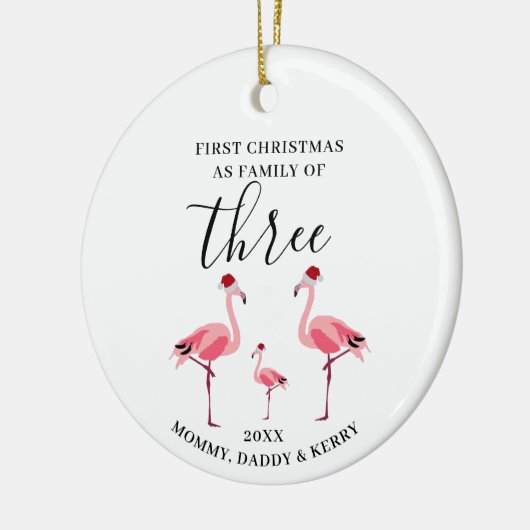 Eerste Kerstmis Familie van Drie Schattigee Flamin Keramisch Ornament (Links)