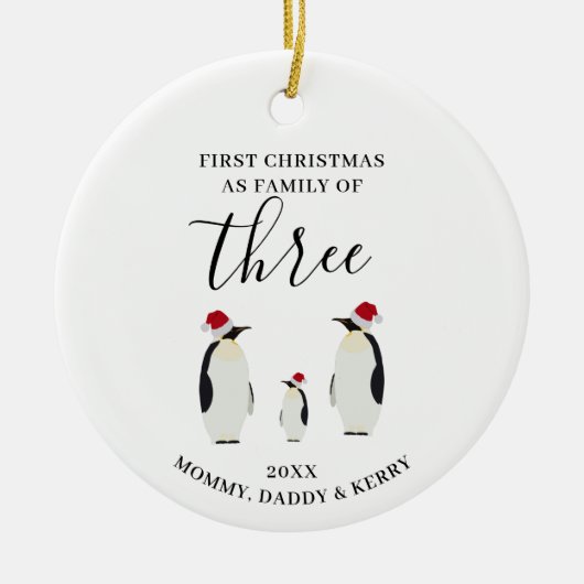 Eerste Kerstmis Familie van Drie Schattigee Pinguï Keramisch Ornament (Voorkant)