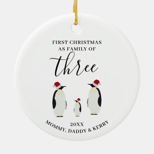 Eerste Kerstmis Familie van Drie Schattigee Pinguï Keramisch Ornament (Achterkant)