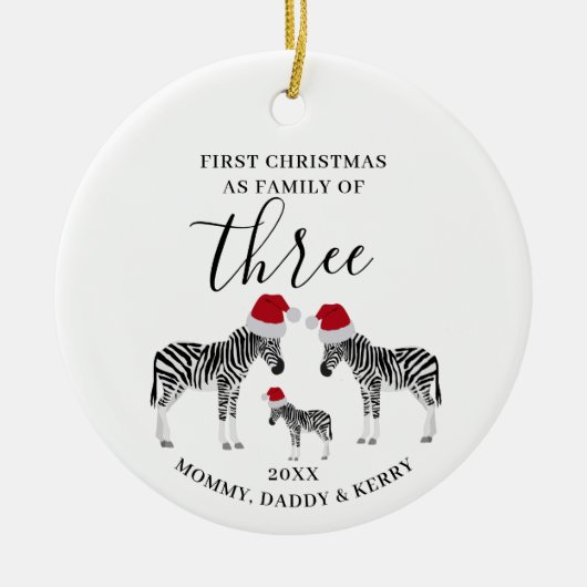 Eerste Kerstmis Familie van Drie Schattigee Zebra Keramisch Ornament (Voorkant)