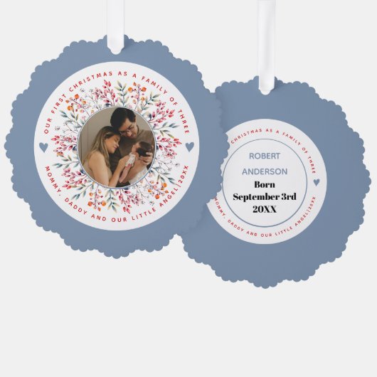 Eerste Kerstmis familie van drie stoffige blauwe f Ornament Kaart (Voorkant / Achterkant)