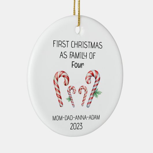 Eerste Kerstmis Familie van Vier Candy Canes Keramisch Ornament (Rechts)