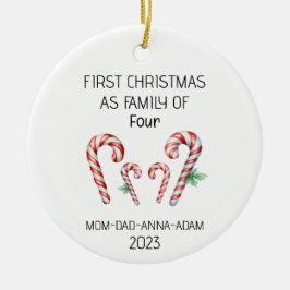 Eerste Kerstmis Familie van Vier Candy Canes Keramisch Ornament