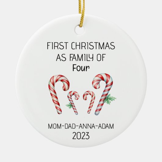 Eerste Kerstmis Familie van Vier Candy Canes Keramisch Ornament (Voorkant)