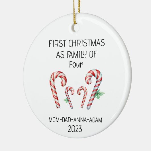 Eerste Kerstmis Familie van Vier Candy Canes Keramisch Ornament (Links)