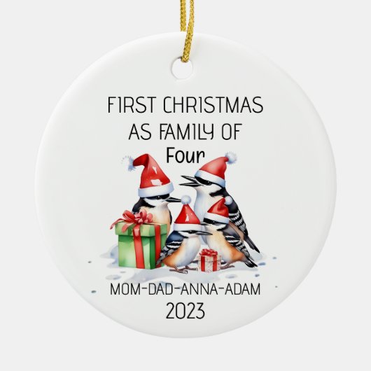 Eerste Kerstmis Familie van Vier Woodpeckers Vogel Keramisch Ornament (Voorkant)