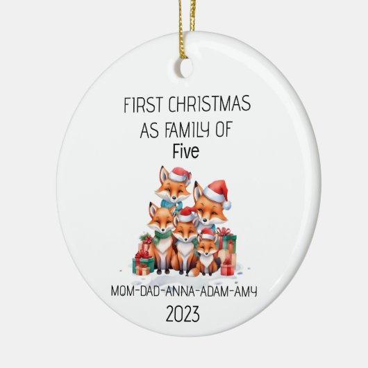 Eerste Kerstmis Familie van Vijf Vossen Keramisch Ornament (Links)