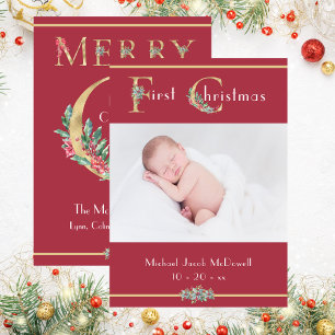 Eerste Kerstmis, Feestelijk rood, Baby Foto Kaart