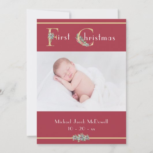 Eerste Kerstmis, Feestelijk rood, Baby Foto Kaart (Voorkant)
