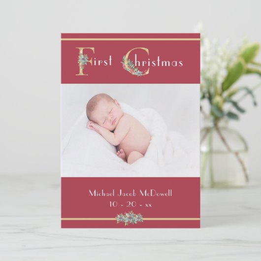 Eerste Kerstmis, Feestelijk rood, Baby Foto Kaart (Staand voorkant)