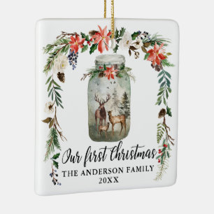 Eerste Kerstmis, Floral Deer Family PHOTO BACK Keramisch Ornament