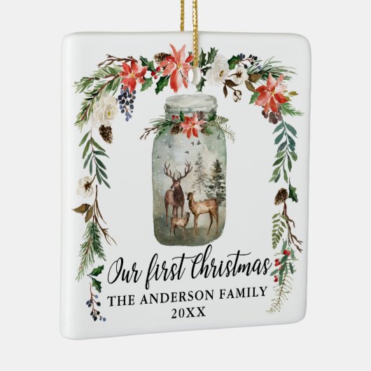 Eerste Kerstmis, Floral Deer Family PHOTO BACK Keramisch Ornament (Rechts)