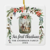 Eerste Kerstmis, Floral Deer Family PHOTO BACK Keramisch Ornament (Voorkant)