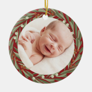 Eerste Kerstmis Floral WreatPhoto Baby Keramisch Ornament
