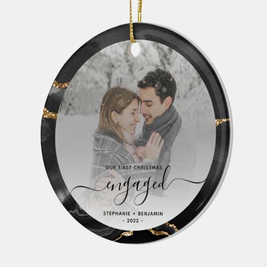 Eerste Kerstmis Foto Black Agate Keramisch Ornament (Links)