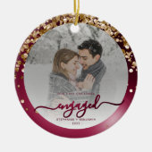 Eerste Kerstmis Foto Burgundy Gold Keramisch Ornament (Voorkant)
