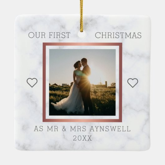 Eerste Kerstmis Foto Elegant Marble Keramisch Ornament (Achterkant)