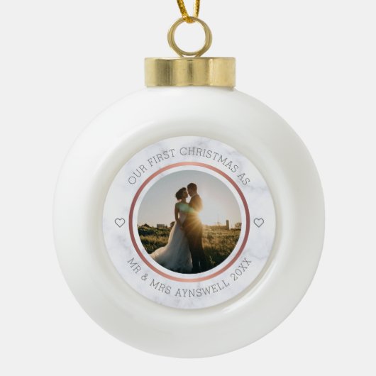 Eerste Kerstmis Foto Elegant Marble Keramische Bal Ornament (Voorkant)