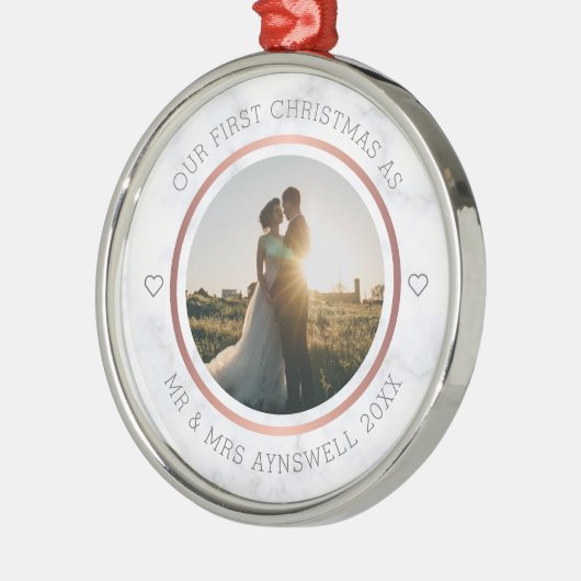 Eerste Kerstmis Foto Elegant Marble Metalen Ornament (Links)