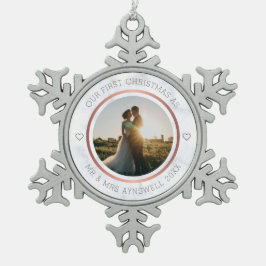 Eerste Kerstmis Foto Elegant Marble Tin Sneeuwvlok Ornament