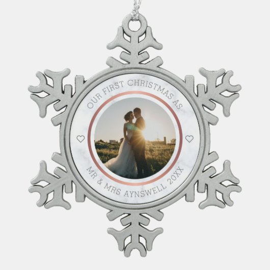 Eerste Kerstmis Foto Elegant Marble Tin Sneeuwvlok Ornament (Voorkant)