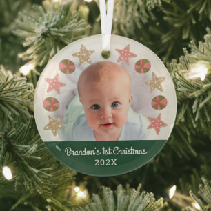 Eerste Kerstmis Foto Jongen Baby Groene Koekjeskra Glas Ornament