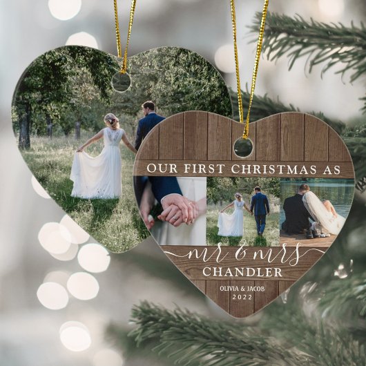 Eerste Kerstmis Foto Rustic Faux Wood Heart Keramisch Ornament