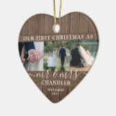 Eerste Kerstmis Foto Rustic Faux Wood Heart Keramisch Ornament (Links)