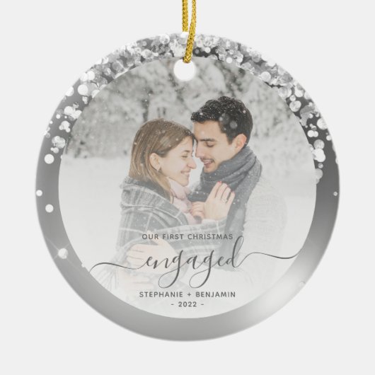 Eerste Kerstmis Foto Silver Faux Glitter Keramisch Ornament (Voorkant)