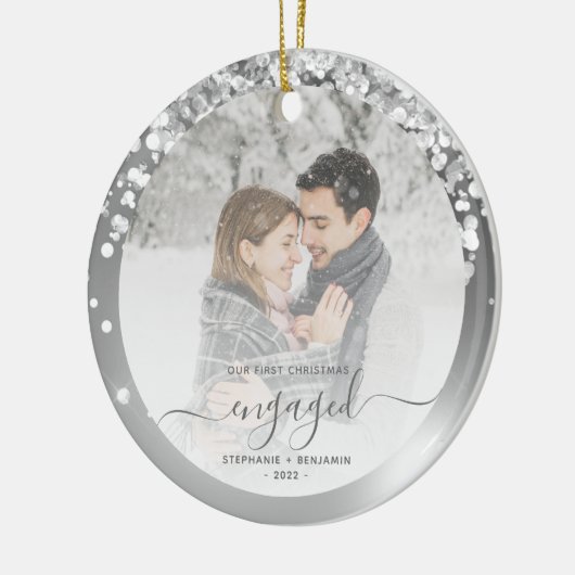 Eerste Kerstmis Foto Silver Faux Glitter Keramisch Ornament (Links)