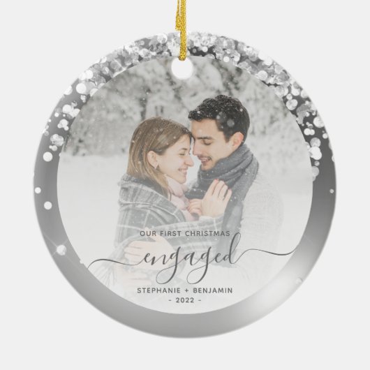 Eerste Kerstmis Foto Silver Faux Glitter Keramisch Ornament (Achterkant)