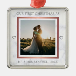 Eerste kerstmis foto van meneer en mevrouw in eleg metalen ornament
