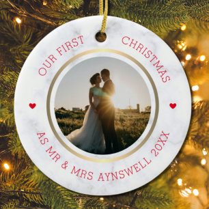 Eerste kerstmis foto van meneer en mevrouw in mode keramisch ornament