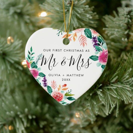 Eerste Kerstmis Foto van Mr & Mrs Script Floral Keramisch Ornament (Boom)