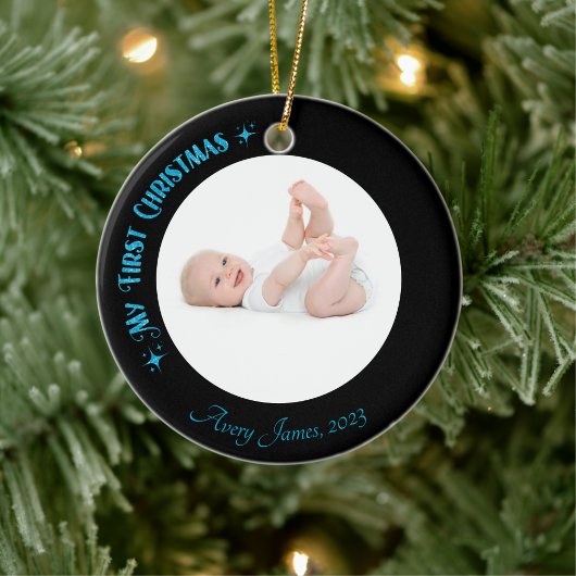 Eerste Kerstmis Fotonaam Custom Modern Zwart Keramisch Ornament
