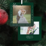 Eerste Kerstmis Foto's van de heren en mevrouw 2:  Metalen Ornament<br><div class="desc">Minimalistische moderne genade en getrouwde nieuwe Mr. en Mrs. bruiloft...  nevenfoto's met twee zijdes gepersonaliseerde keepomwille green kersttree ornament sjabloon met een trendy handgeschreven handtekeningstijl faux Silver Grey kalligrafie script en een sneeuwvlok.          Gemakkelijk om aan beide kanten met jouw tekst en afbeeldingen te personaliseren.</div>